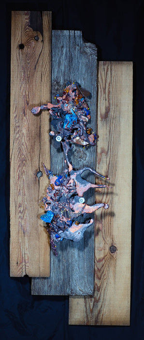 Splash Copper & Glass On Reclaimed Wood Wall Sculpture, 2023, mixed media, 44 x 17 in. / 111.76 x 43.18 cm.