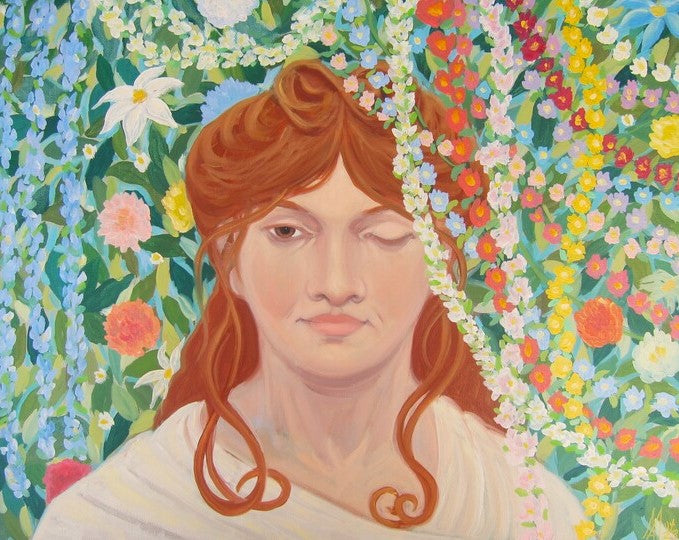 Spring Visualization - Winking Goddess, 2023, oil on canvas, 16 x 20 in. / 40.64 x 50.8 cm.