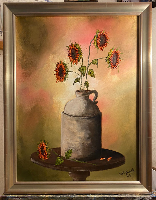 Sunflowers in a Whiskey Jug, 2023, acrylic on canvas, 24 x 18 in. / 60.96 x 45.72 cm.