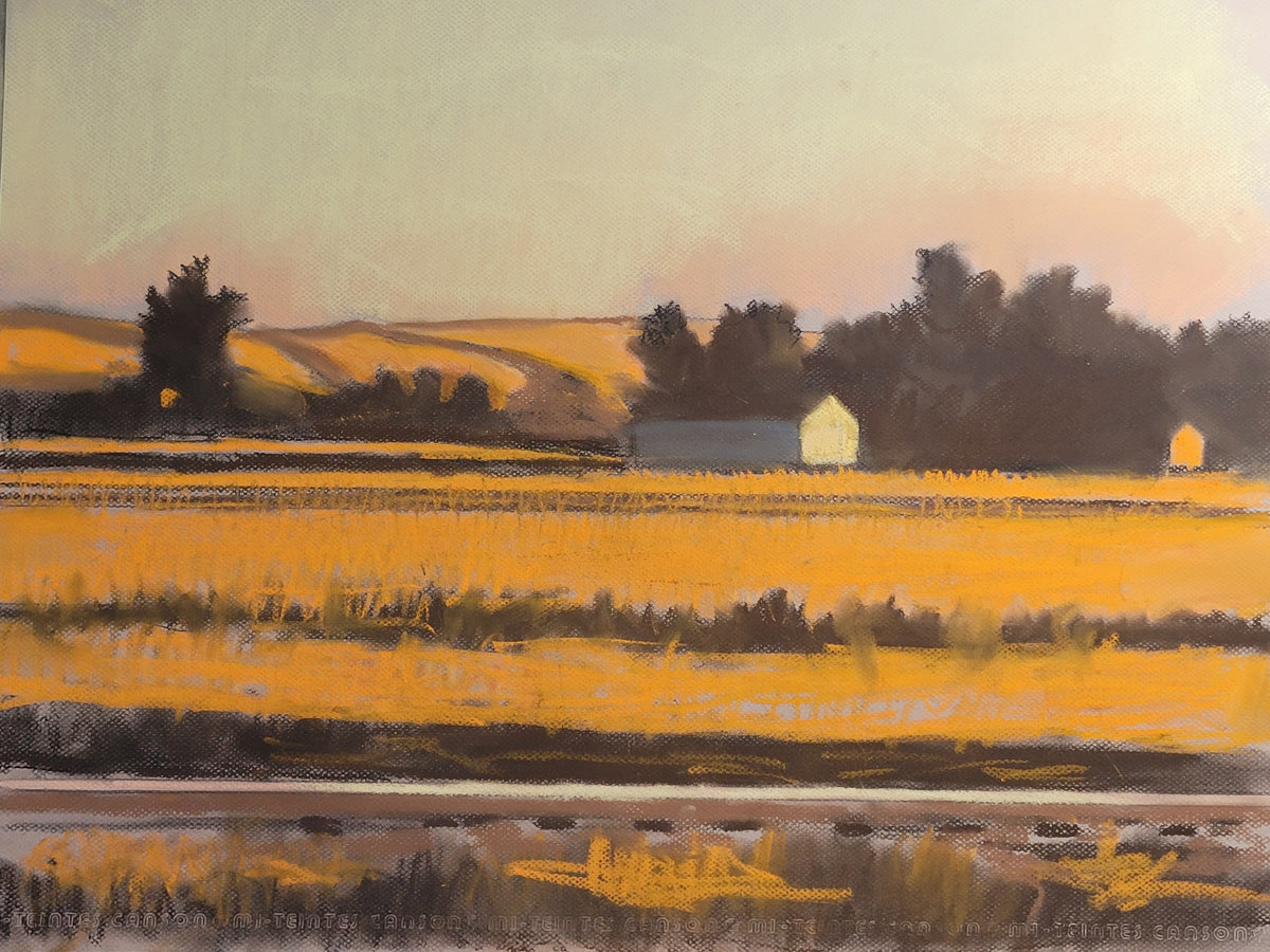 Sunrise Farm, Nebraska, 2026, chalk pastel, 19 x 25 in. / 48.26 x 63.5 cm.