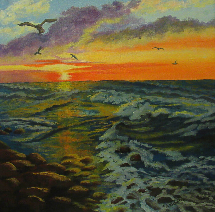 Sunset at Sea, 2024, acrylic on canvas, 16 x 16 in. / 40.64 x 40.64 cm.