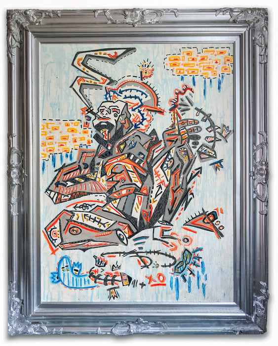 Seated in the Clouds, 2023, mixed media on framed canvas, 50 x 41 in. / 127 x 104.14 cm.