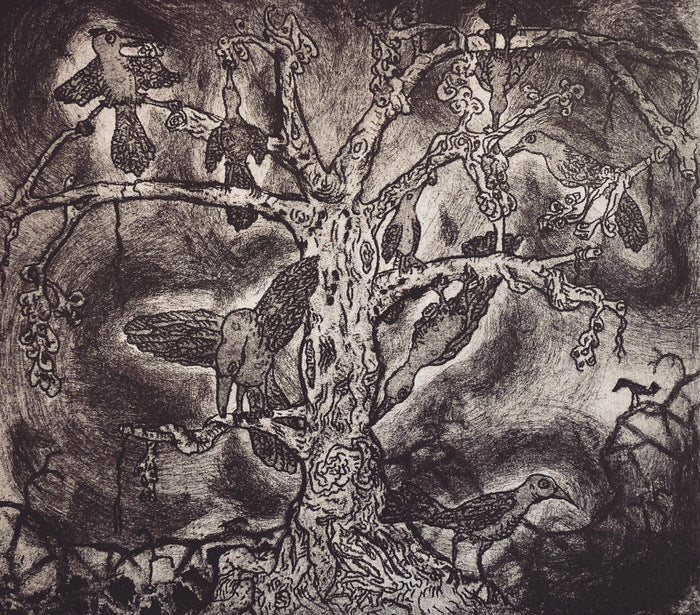 Ten Grackles, 2023, etching on handmade paper, 6.6 x 7.4 in. / 16.8 x 19 cm.