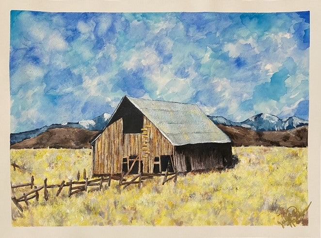 The New Old Barn, 2023, acrylic and watercolor on paper, 12 x 9 in. / 30.48 x 22.86 cm.