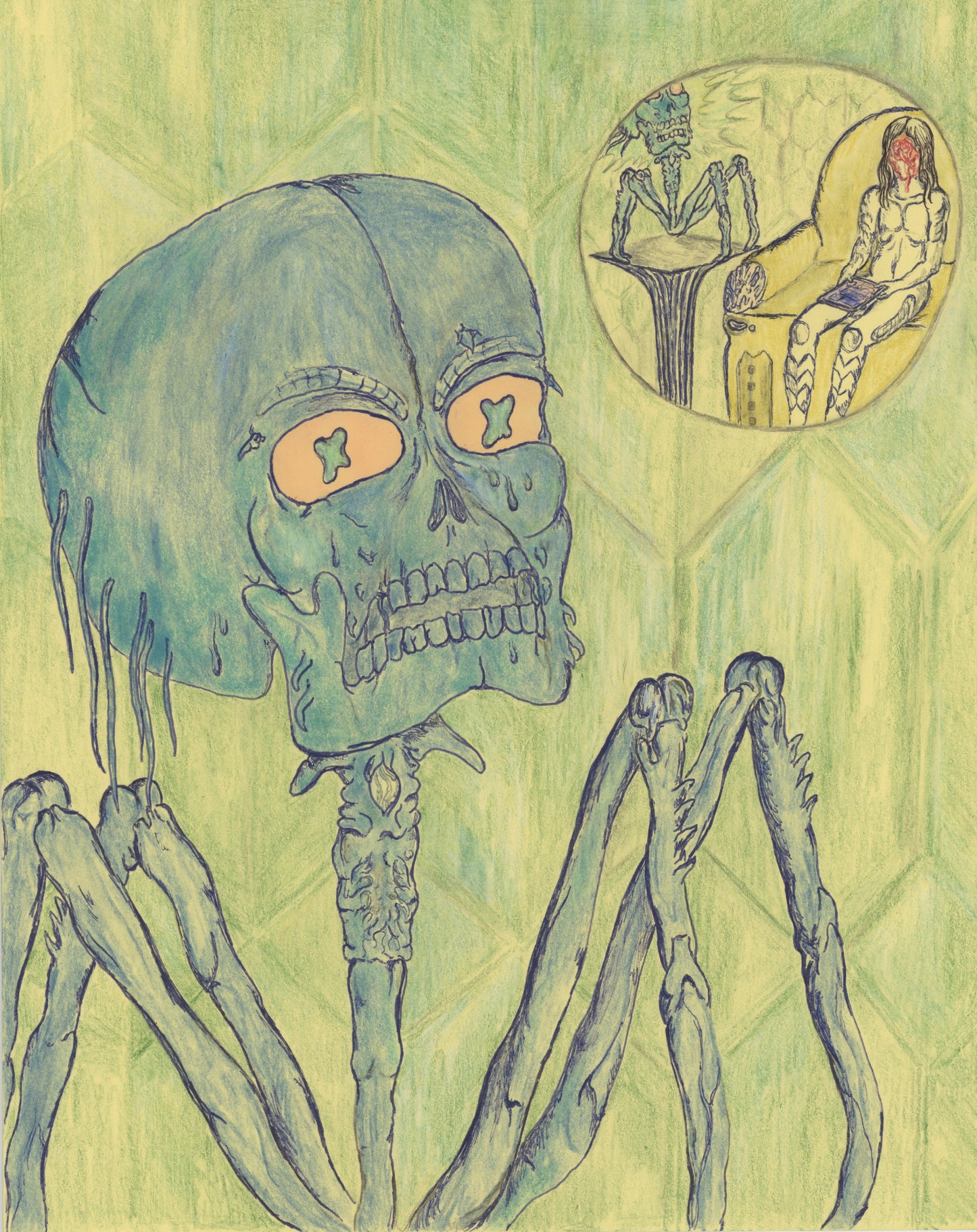 The Pain Salon, 2022, colored pencil on paper, 11 x 8.5 in. / 27.94 x 21.59 cm.
