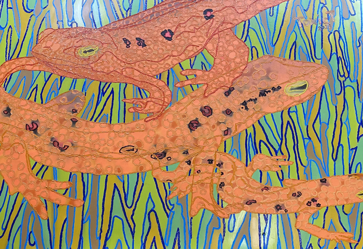 Newts, 2024, spray paint & oil paint on car hood, 63 x 55 in. / 160.02 x 139.7 cm.