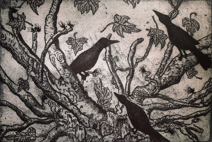 Three Grackles, 2023, etching on handmade paper, 5.7 x 8.2 in. / 14.5 x 21 cm.