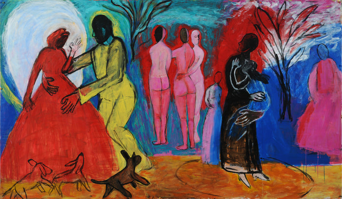 The Three Muses, 2019, acrylic on paper, 45 x 77 in. / 114.3 x 195.58 cm.