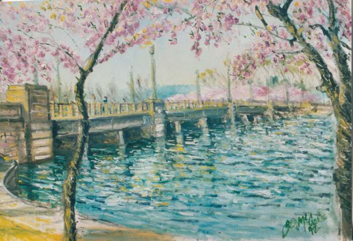 Tidal Basin Blossoms, 2022, oil on canvas, 24 x 36 in. / 60.96 x 91.44 cm.