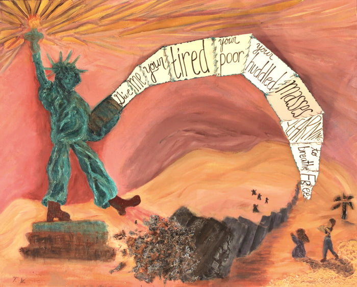 Torch Girl Stomps the Wall and Reunites Families, 2018, mixed media, 24 x 30 in. / 60.96 x 76.2 cm.