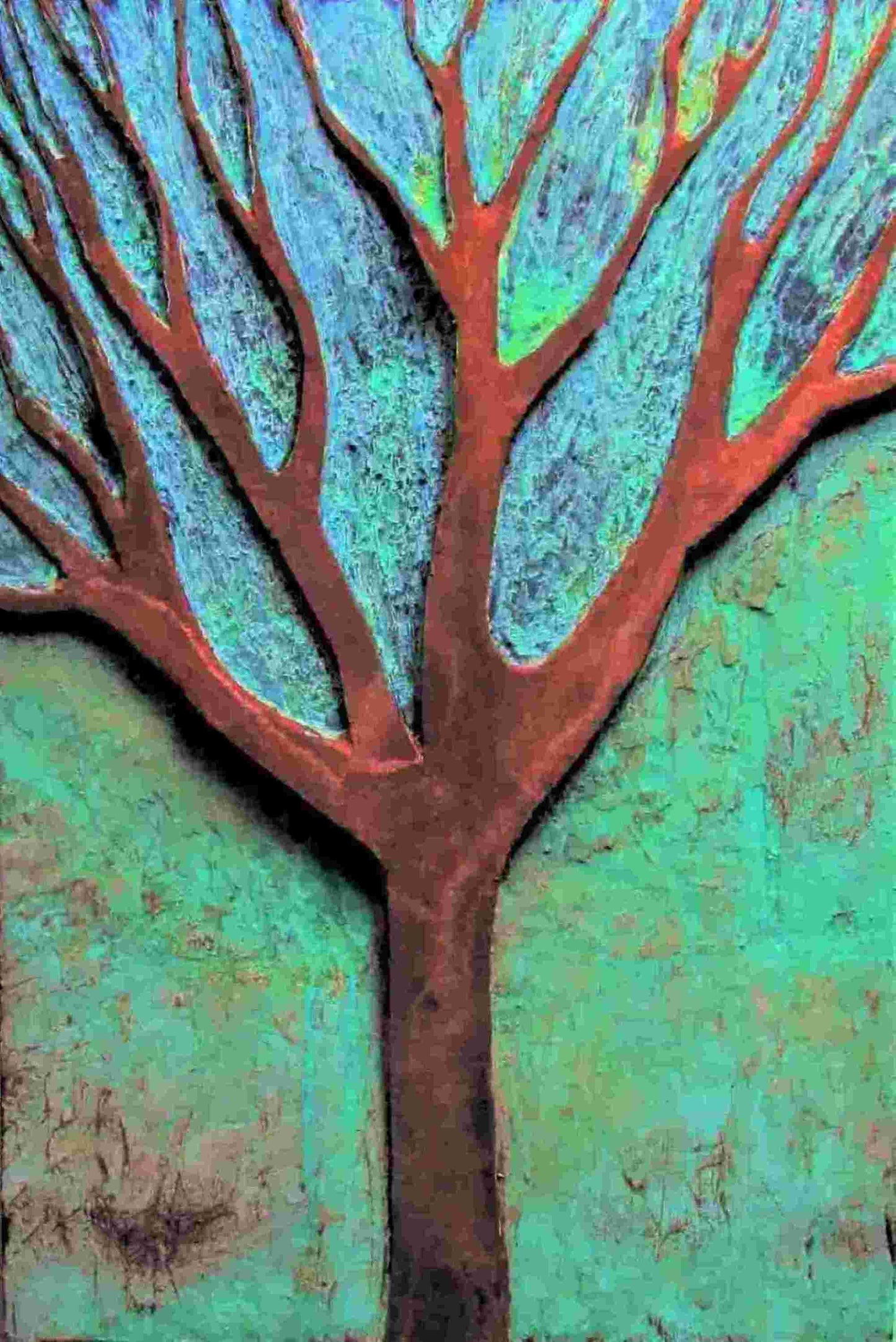Tree of Life, 2018, oxidized iron copper and bronze on chiseled wood, 36 x 24 in. / 91.44 x 60.96 cm.