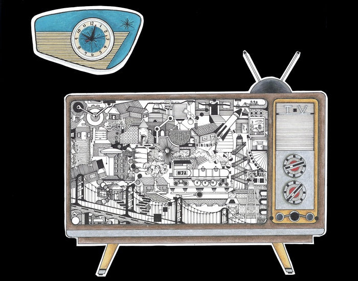 TV Time, 2023, pen, ink and colored pencil, 16 x 20 in. / 40.64 x 50.8 cm.