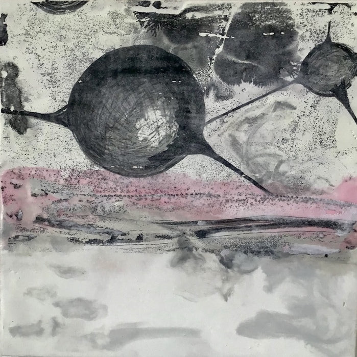 Ganymede 5, 2020, encaustic with xerox transfer, 10 x 10 in. / 25.4 x 25.4 cm.
