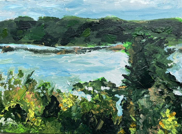 View of the Hudson, Wave Hill, 2023, acrylic on canvas, 12 x 16 in. / 30.48 x 40.64 cm.