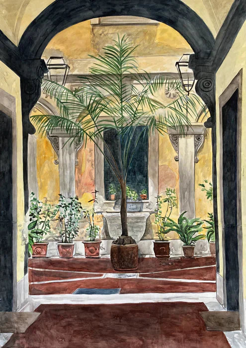 Roman Courtyard (Via Garibaldi, Rome), Meridith McNeal, 2023, watercolor on paper, 85 x 61 in. / 215.9 x 154.94 cm.