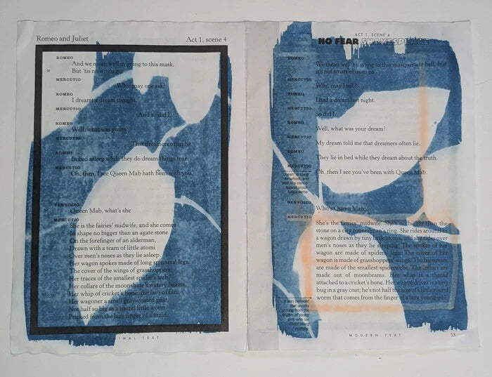 Romeo and Juliet 52 53, Albert Simkins, 2024, cyanotype on paper, 7 x 10 in. / 17.78 x 25.4 cm.