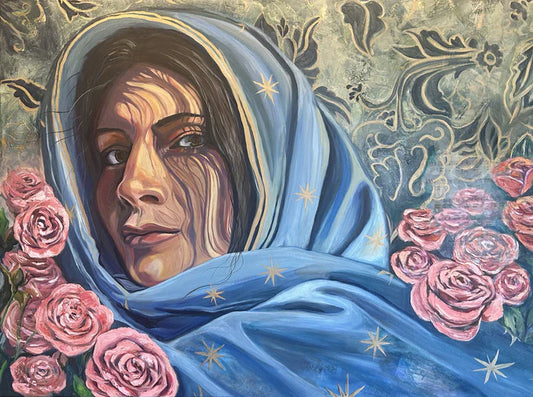 Veil of Grace: Our Lady of Guadalupe, Marcie Stammen, 2025, oil on canvas, 36 x 48 in. / 91.44 x 121.92 cm.