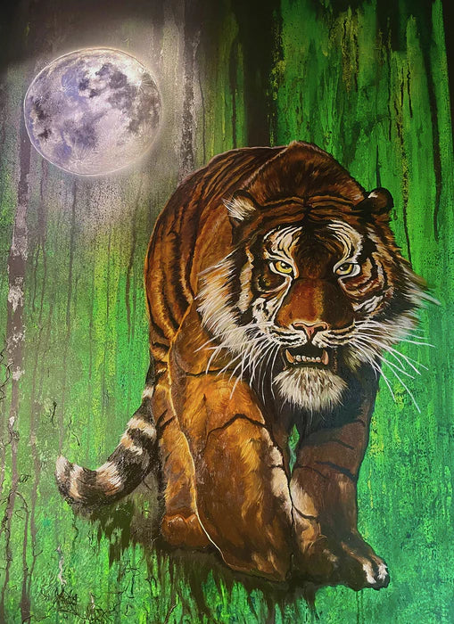 Tiger Moon, Emily Candela McLaughlin, 2025, mixed media, 48 x 36 in. / 121.92 x 91.44 cm.