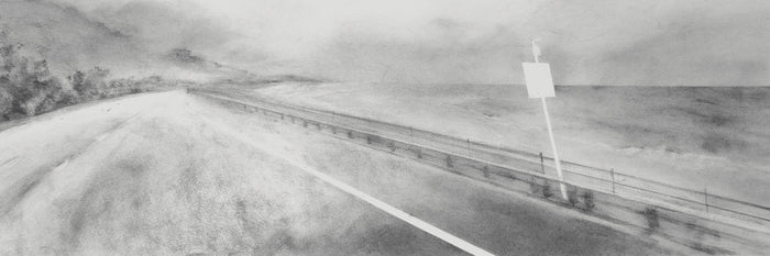 Midway, Ineffable, Olga Grigoryeva, 2025, charcoal on paper, 27 x 9 in. / 68.58 x 22.86 cm.