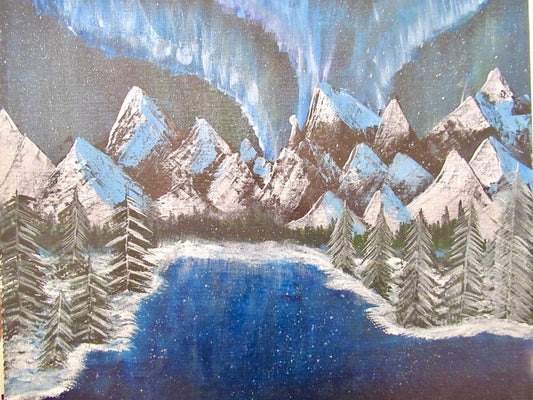 Whispers of Northern Lights, Maanu Shah, 2024, acrylic on canvas, 16 x 20 in. / 40.64 x 50.8 cm.