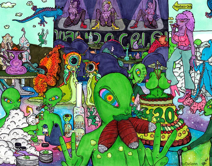 420 Alien Party 2022 Edition, DeLenn Rufo, 2022, copic marker, 11 x 14 in. / 27.94 x 35.56 cm.
