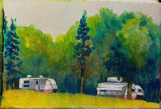 Neighbors, Benjamin Roach, 2025, mixed watercolor on paper, 3.75 x 5.5 in. / 9.52 x 13.97 cm.
