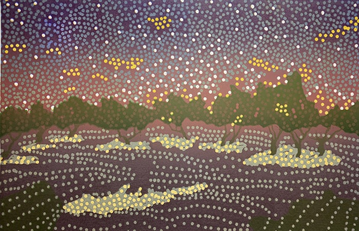 A New Day Beyond, David Miller, 2023, color reduction linocut, 12 x 18 in. / 30.48 x 45.72 cm.