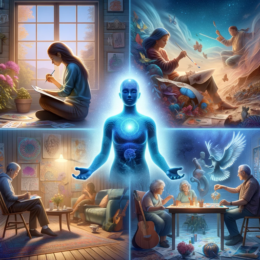  photorealistic image representing 'The Therapeutic Power of Art' for the main article. The scene includes four distinct vignettes illustrating key