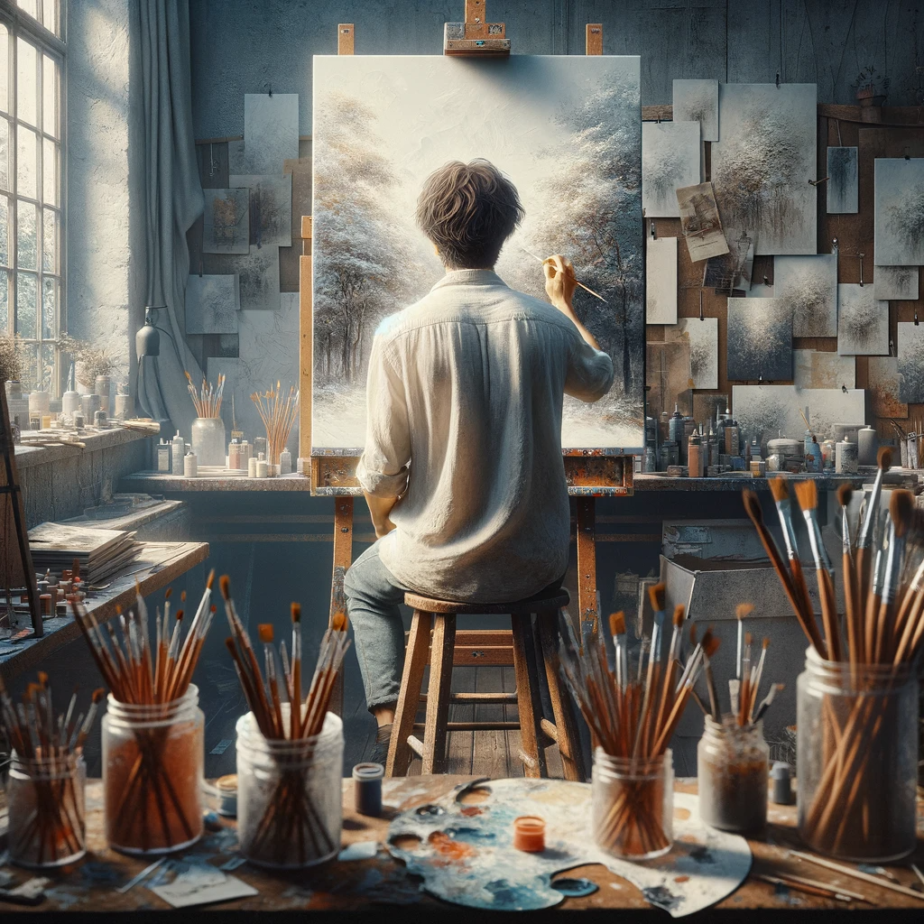 Photo-realistic image of an artist at work in their studio, facing away from the viewer. The scene should show the artist surrounded by art supplies