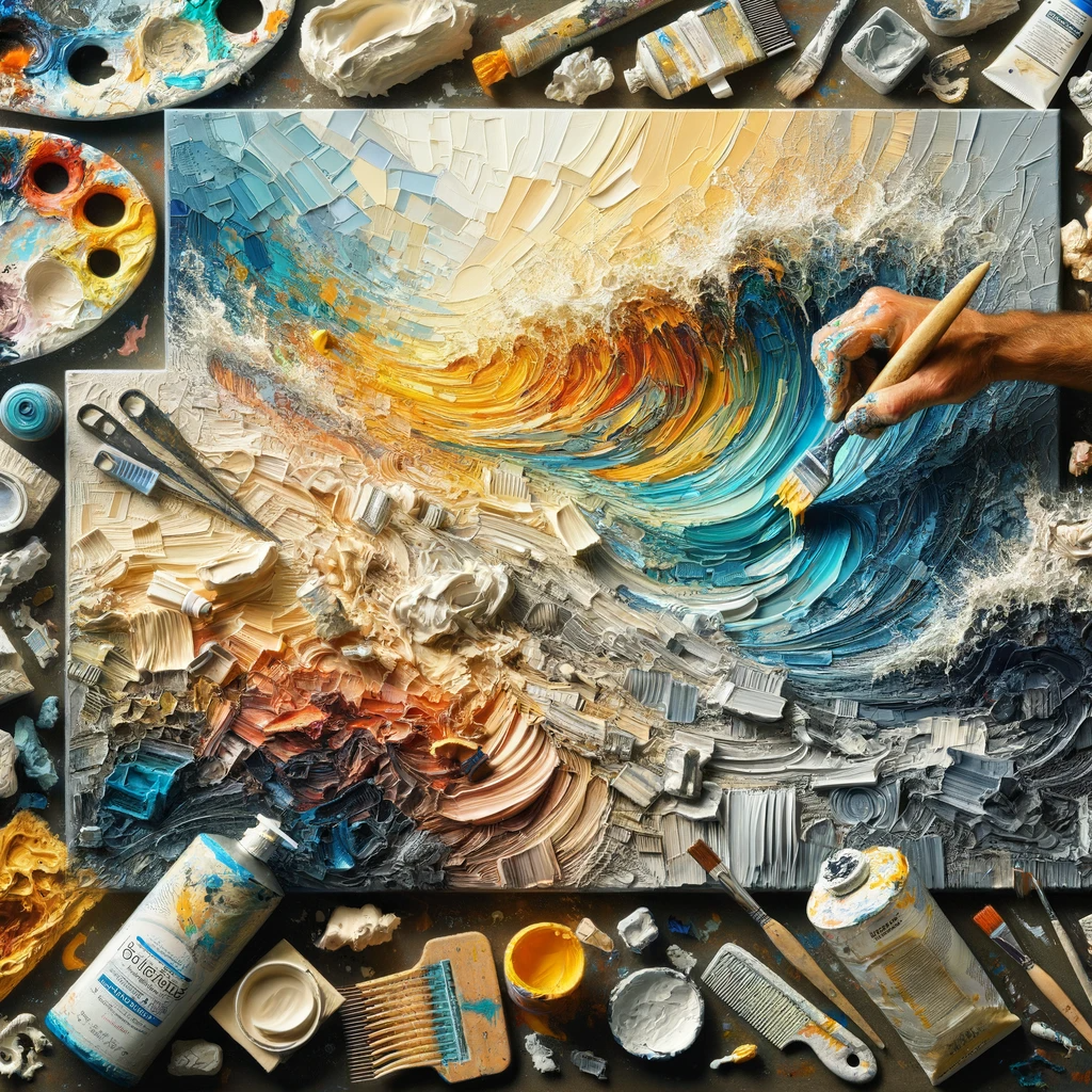 A dynamic acrylic painting scene demonstrating various techniques for creating texture. The canvas displays an array of textures using impasto technique