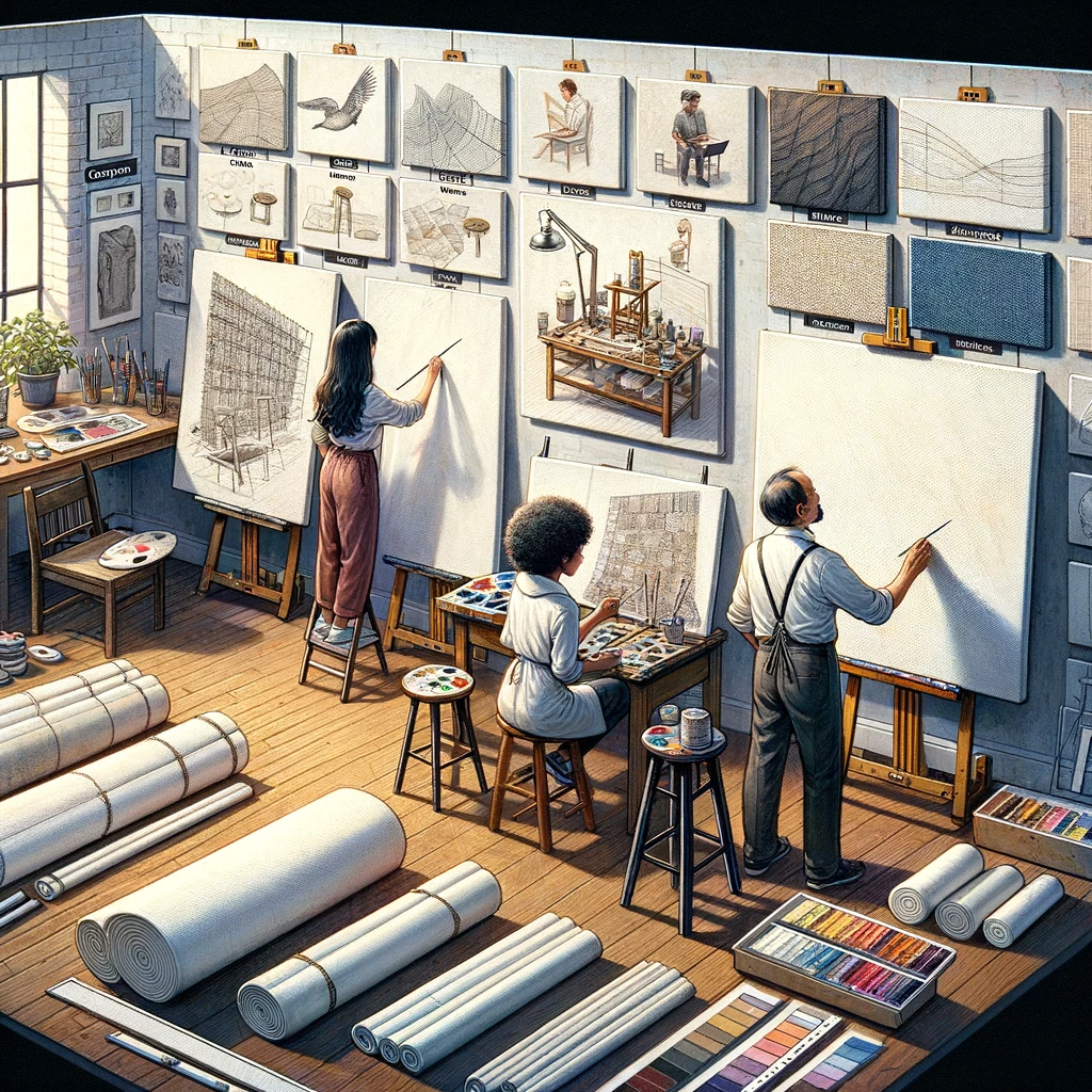 An art studio scene illustrating the various types of canvases used for different painting purposes. The studio is divided into sections