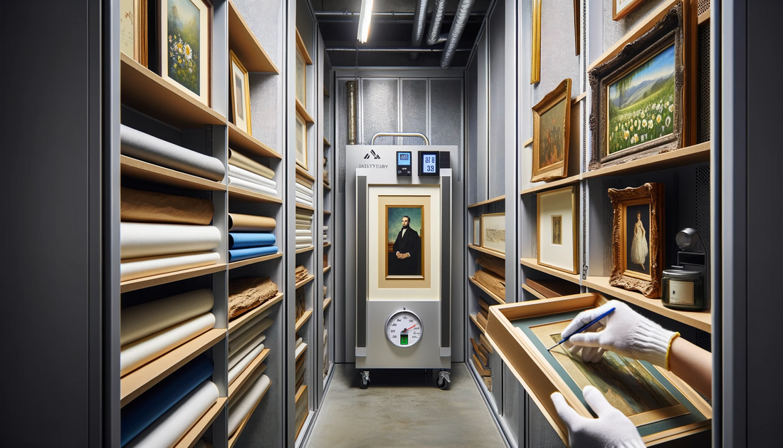  A well-organized art storage room with paintings stored flat and separated by acid-free matboards, UV filtered frames on the wall, a hygrometer