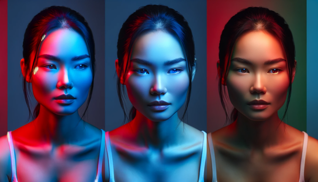 A series of three separate portraits side by side, featuring a female of minority descent with a neutral expression. Each portrait is under a different color lighting