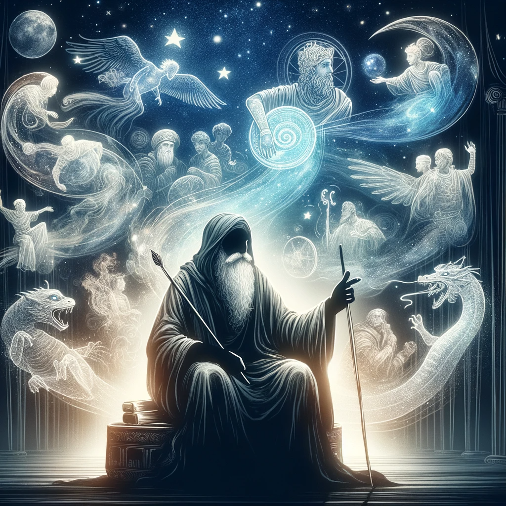 An illustration of a storyteller, a wise old man with a long beard and traditional robes, sitting under a starry night sky. Around him are ethereal beings.