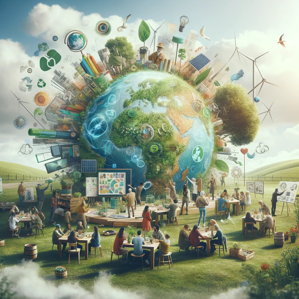  Visualize a global community scene where people of diverse backgrounds are collaboratively engaged in creating sustainable art. This scene shows artis