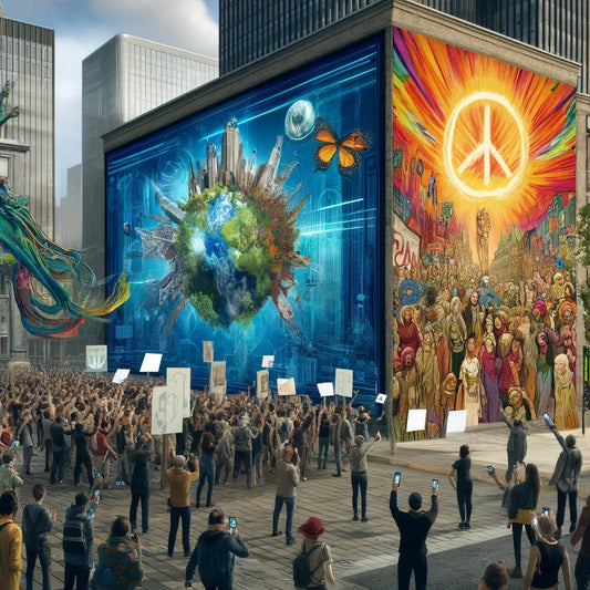 A vibrant and impactful scene showing examples of digital art influencing social movements. This scene includes a large, dynamic digital mural on a ci