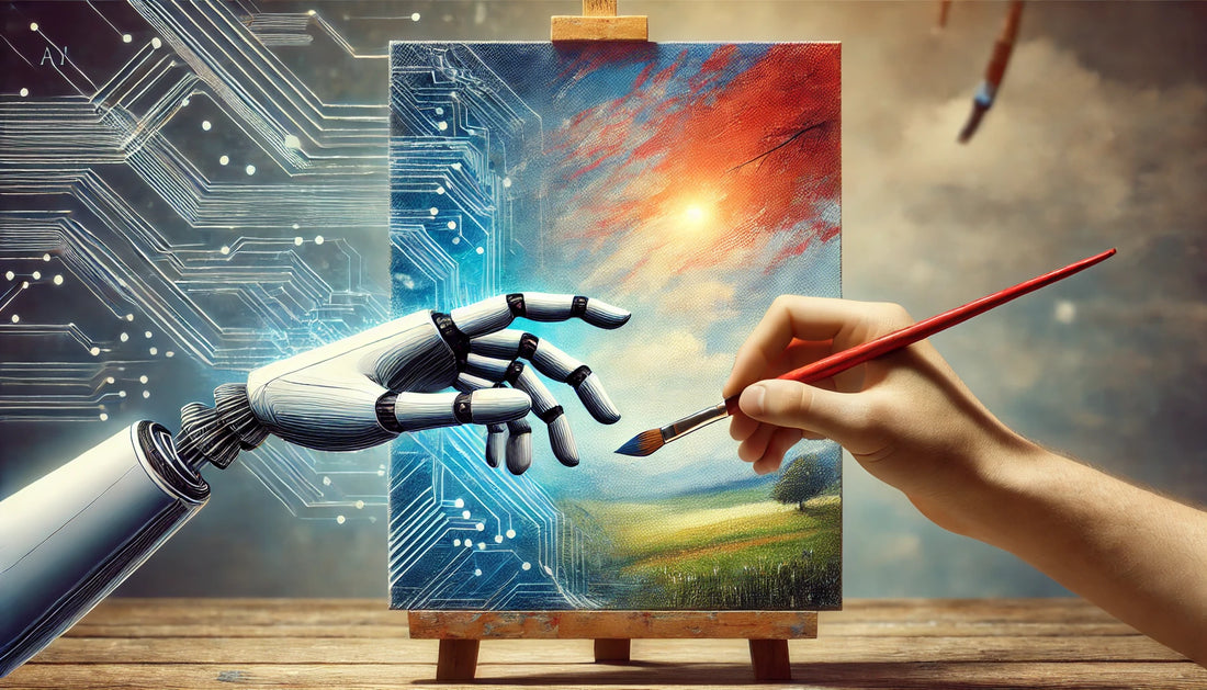 A conceptual illustration showing the blurred lines of authorship in art, featuring a human and robotic hand overlapping as they hold a paintbrush
