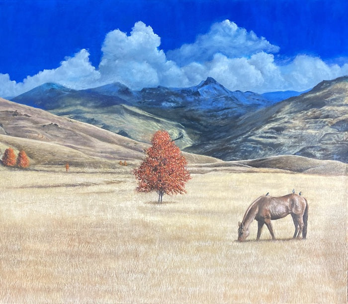 Horse an Three Birds, Jack Snowden, 2023, oil painting, 48 x 40 in. / 121.92 x 101.6 cm.