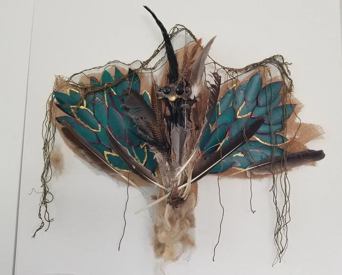 Moth Rising from the Ashes, Vivienne Riggio, 2023, sculpture, 21 x 27 x 5 in. / 53.34 x 68.58 x 12.7 cm.