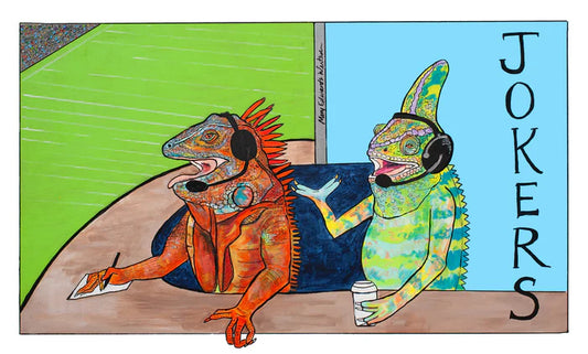 Joker Card: Lizard Sportscasters in the Sky Box, Mary Wertsch, 2022, acrylic on canvas, 36 x 24 in. / 91.44 x 60.96 cm.