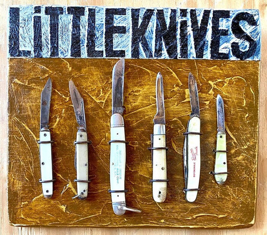 LiTTLE KNiVES, Jeff Brown, 2024, found objects with acrylic on board, 10 x 14 in. / 25.4 x 35.56 cm.