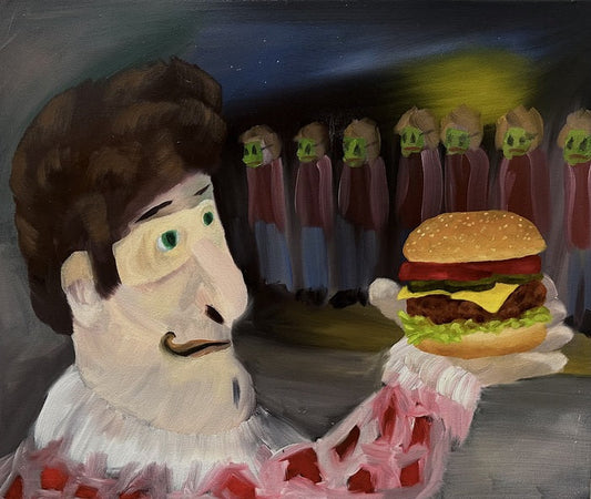 Masquerading with an Upscale Cheeseburger for the Masses, Fred Fleisher, 2023, oil on canvas, 20 x 24 in. / 50.8 x 60.96 cm.