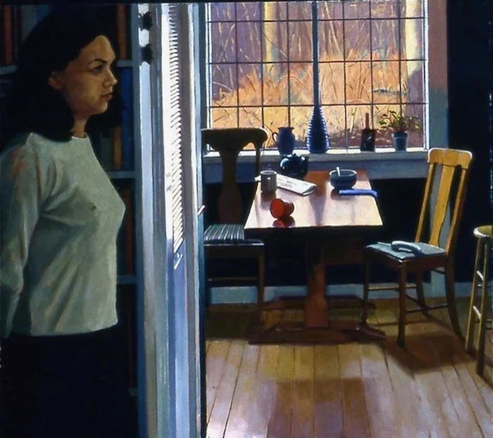 Morning Interrupted, Nancy Gladwell, 1998, oil on panel, 24 x 23 in. / 60.96 x 58.42 cm.