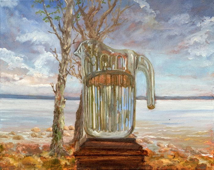 Sandcastle Beach During the Plague, Omena, Pamela Berkeley, 2022, oil on canvas, 16 x 20 in. / 40.64 x 50.8 cm.