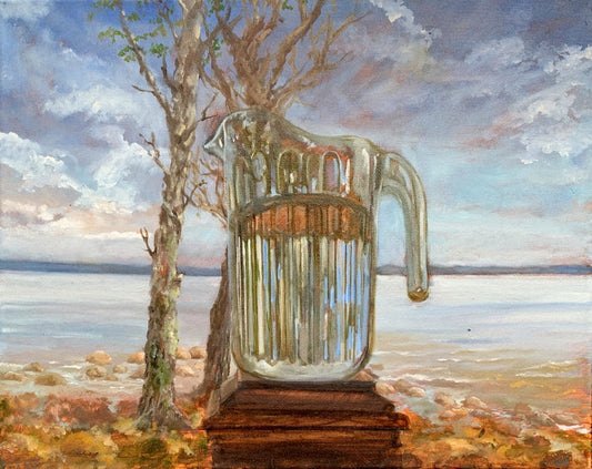 Sandcastle Beach During the Plague, Omena, Pamela Berkeley, 2022, oil on canvas, 16 x 20 in. / 40.64 x 50.8 cm.