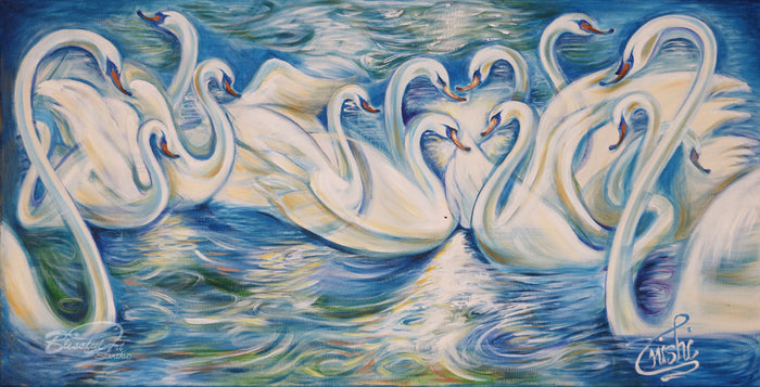 Swan Enchantment: A Chorus of Beauty, Nishi Kumar, 2022, oil on canvas, 24 x 48 in. / 60.96 x 121.92 cm.