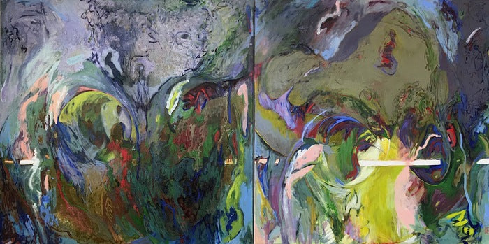 TransPlace 9_Chasing the Moon. Diptych, Halide Salam, 2020, oil on canvas, 48 x 96 in. / 121.92 x 243.84 cm.