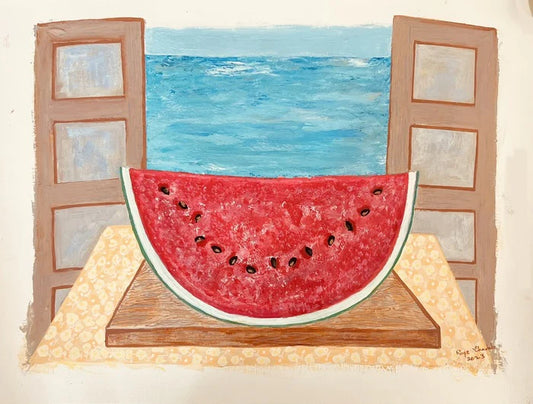 Watermelon Days, Roya Chadab, 2023, mixed media, 24 x 18 in. / 60.96 x 45.72 cm.