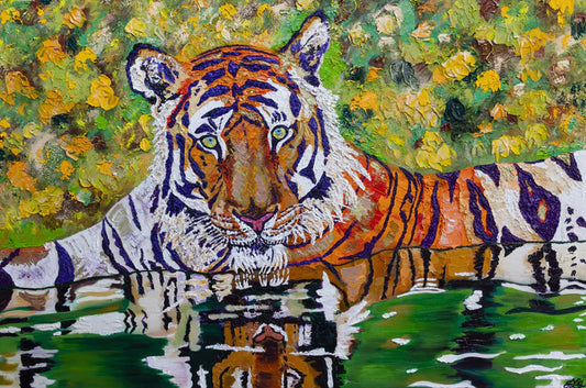 Young Tiger in Waterhole, Jen Goldman, 2023, oil on canvas, 48 x 72 in. / 121.92 x 182.8 cm.