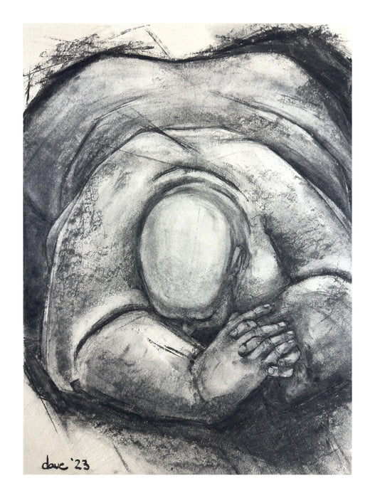 Child's Pose, Dave Hysom, 2023, vine charcoal, 24 x 18 in. / 60.96 x 45.72 cm.